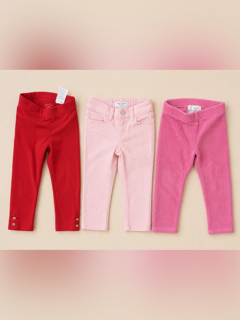 Janie and Jack Pants Bundle | Size 2T | Pink Jeans, Velour Pants & Red Leggings
